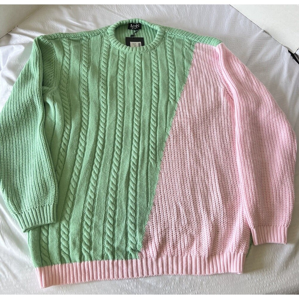 $70 boohooMAN Soft Pink Green Spliced Mixed Knit Jumper Sweater Sz Large NEW!